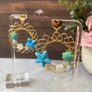 Beach earrings- 14K Gold Drop Earrings- Summer Earrings-Pearl earrings